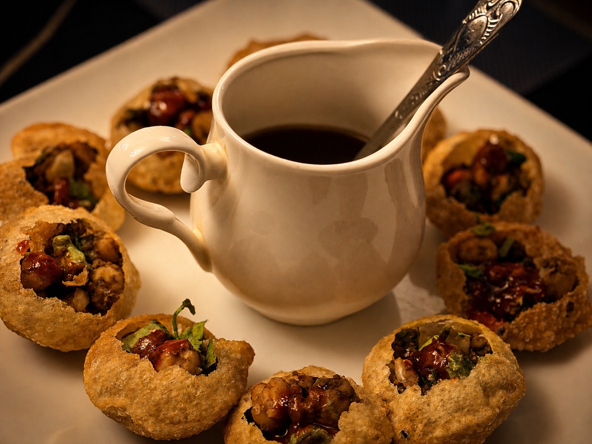 Gol gappay arranged around a jug of tamarind water